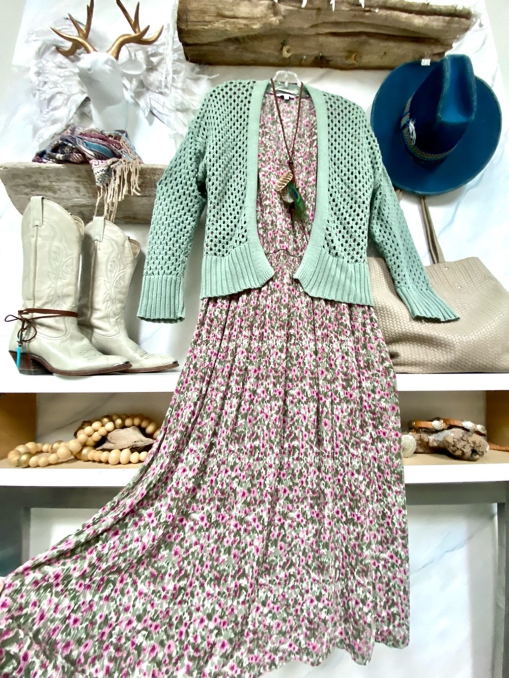 Mesh Sage green Semi sheer crochet/cover up boho Cardi w shabby chic beach vibe - Picture 14 of 15